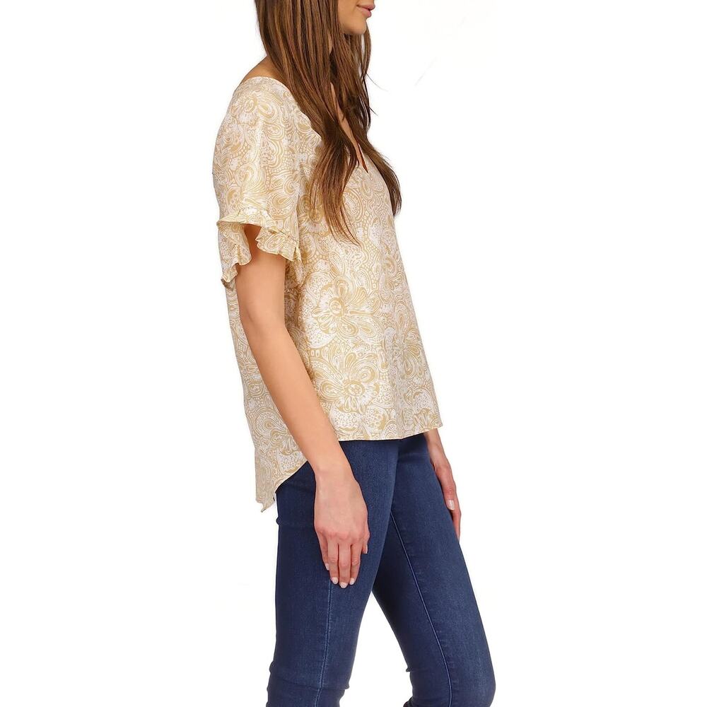 Michael Kors Women Beige Paisley Satin Boho Casual Ruffle Sleeve Top Size M - Picture 4 of 6